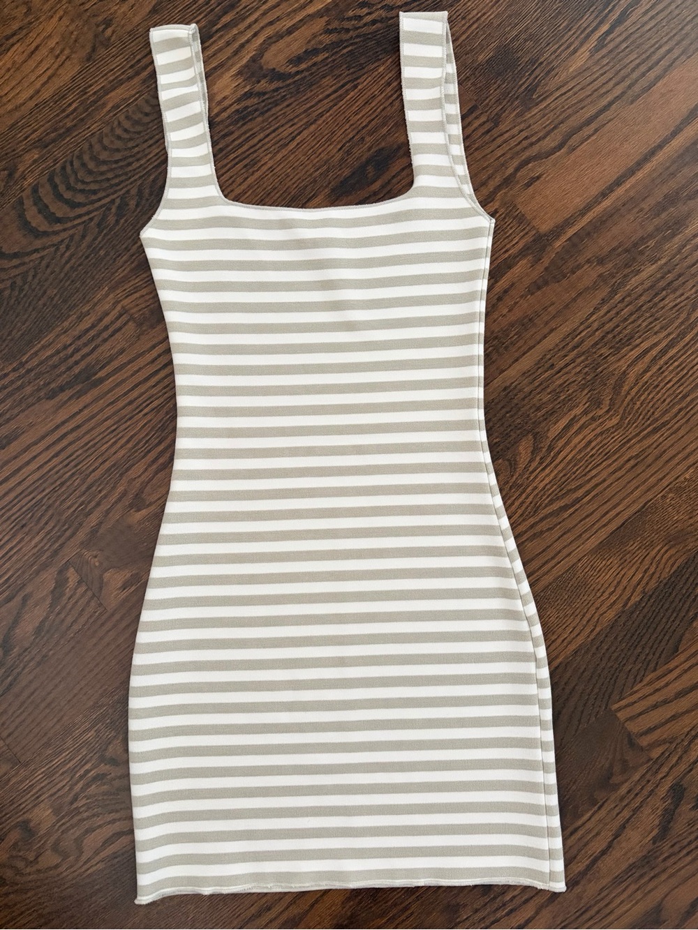 Zara Beige and White Striped Square-Neck Mini Dress